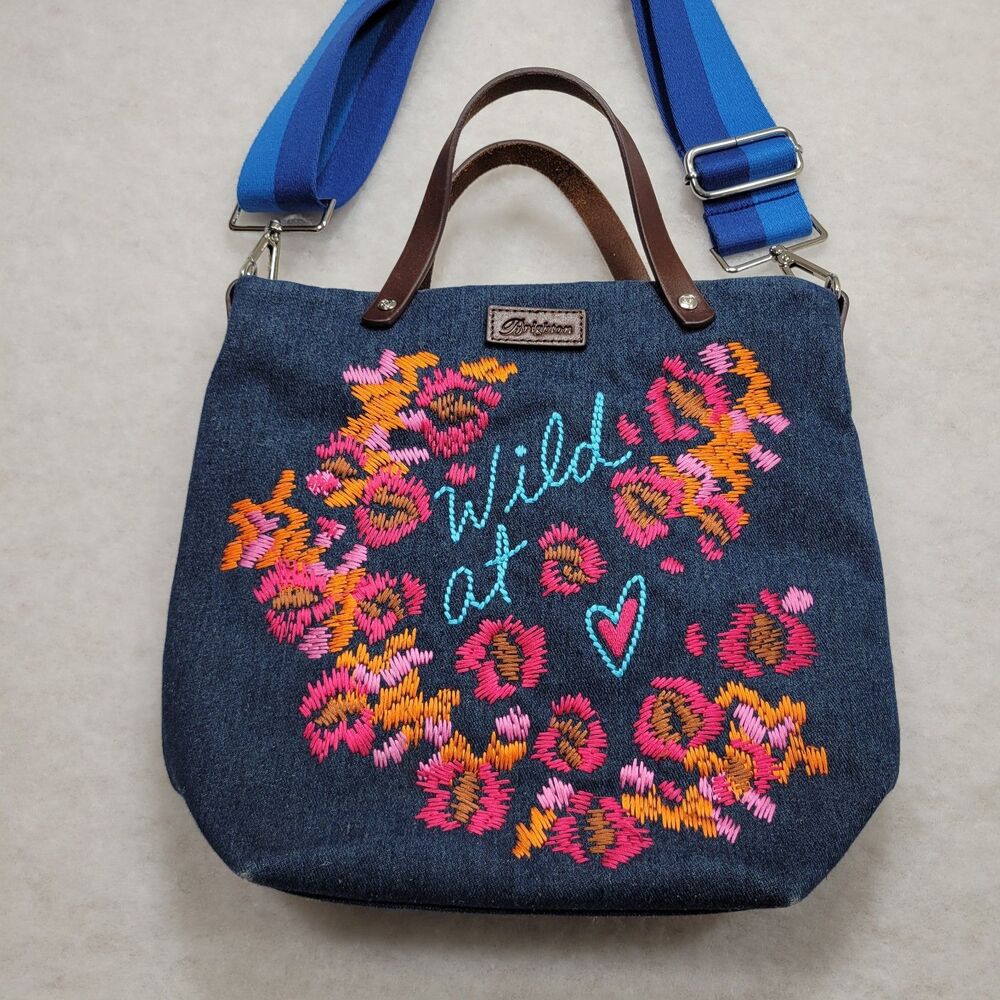 Brighton Wild at Heart Medium Messenger Bag Embroidered Denim Crossbody Strap